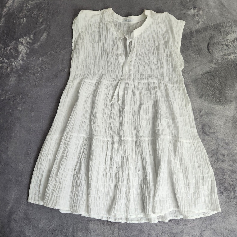 New Robin Piccone White Smocked Cotton Tiered Mini Dress Swim Cover Up Large L